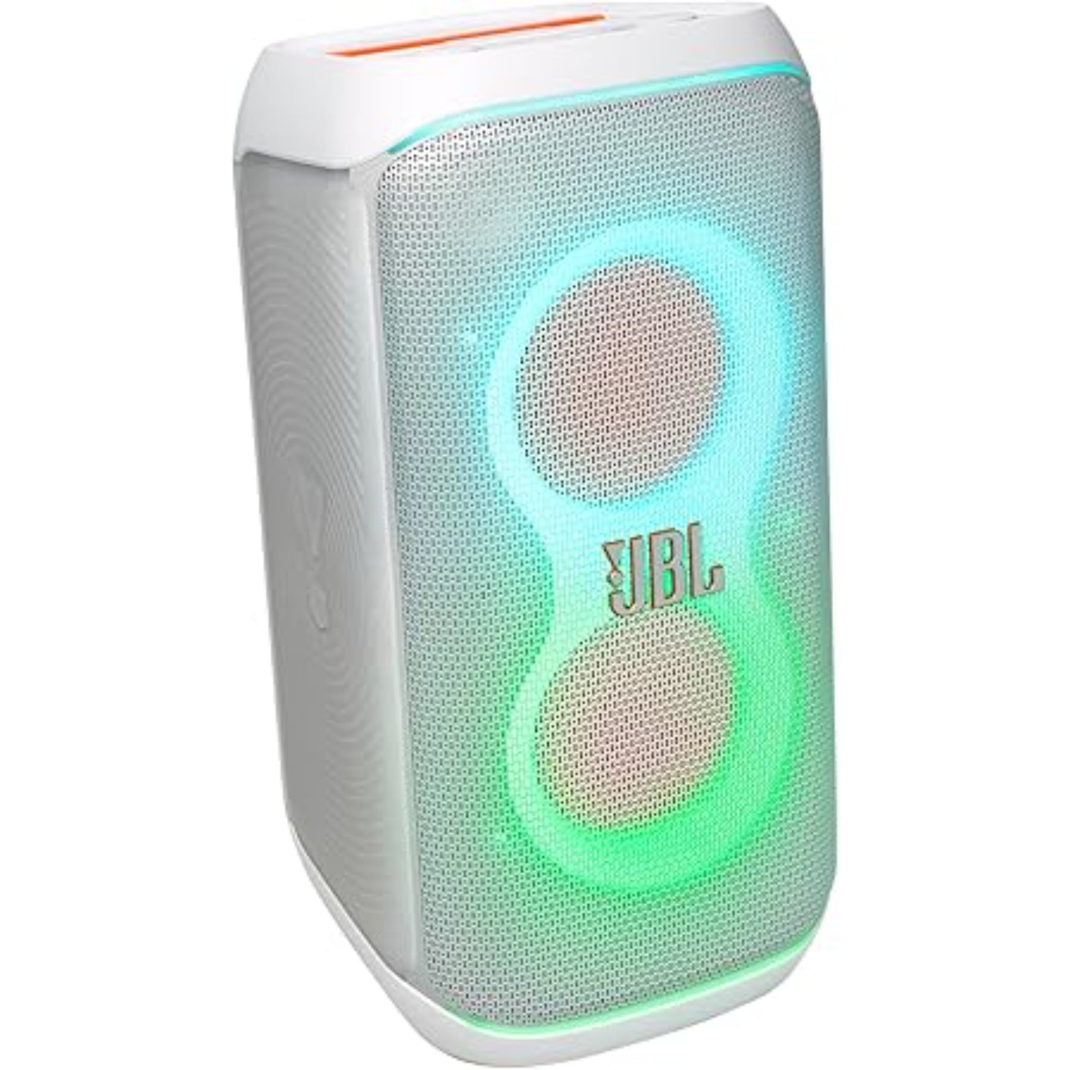 Parlante JBL PartyBox Stage 320 blanco con luces LED y diseño portátil para fiestas